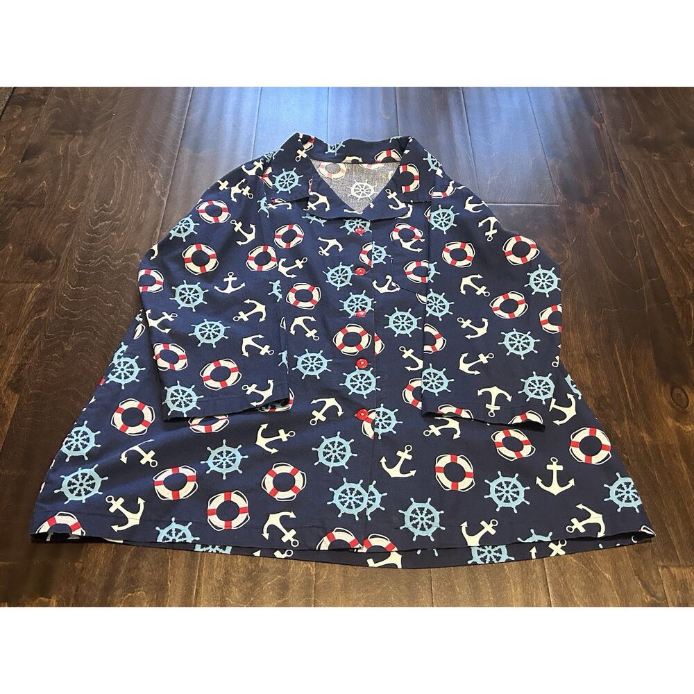 Women Handmade Fabric‎ 3/4 Sleeve Sailing Boating Nautical Captain Button Shirt
